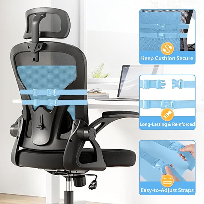 SweetSlubr Lumbar Support Pillow for Office Chair(Light Blue,XL) | 4.7" Thick, Memory Foam, Adjustable Straps, Machine Washable Mesh Cover, Lower Back Pain Relief for Office, Car & Gaming - Image 4