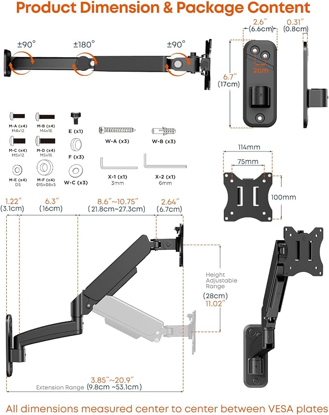 Single Monitor Wall Mount fits 17-32 inch Flat/Curved Screen | Gas Spring, Full Motion, Up to 19.8lbs per Arm, VESA 75x75/100x100, Black - Image 7