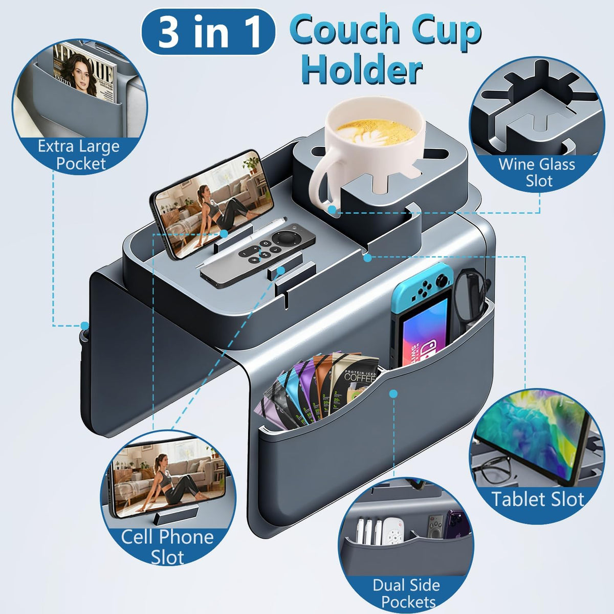Silicone Couch Cup Holder Tray with Tablet & Phone Stand, Anti-Slip Sofa Arm Organizer with Dual Side Pockets for Remotes, Snacks, Headphones, Glasses, Drinks (Gray) - Image 5