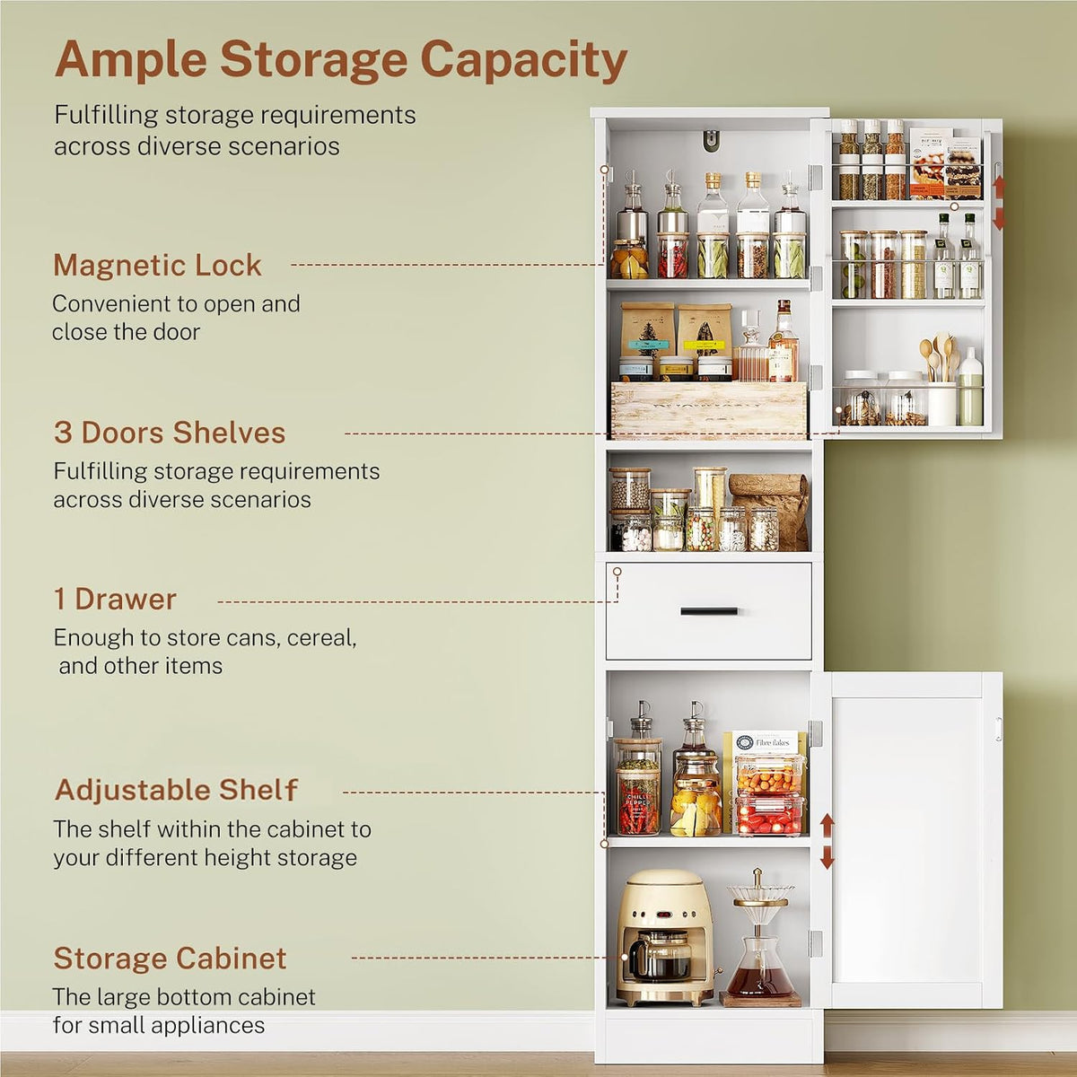 67" H Tall Pantry Cabinet with 2 Doors, Kitchen Cabinet with Door Shelves & Adjustable Shelves, Kitchen Pantry Cabinet, Narrow Bathroom Storage Cabinet for Living Room, Dining Room, Bathroom, White - Image 5