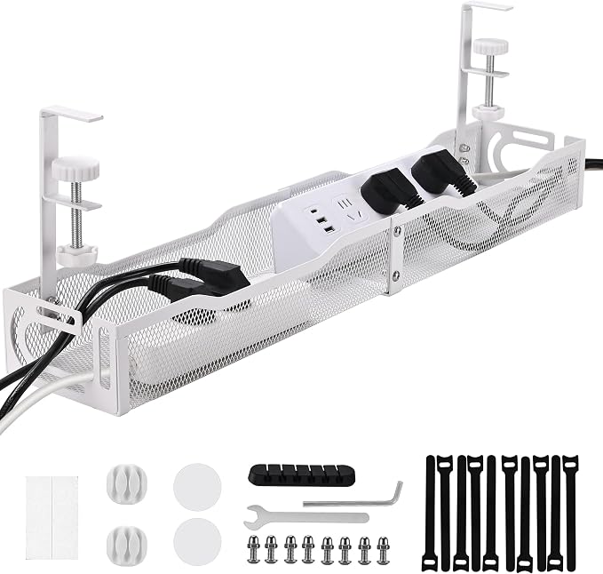 Under Desk Cable Management Box 25.3 Inch – Clamp-Mounted Cable Organizer Tray, Large Cord Management Box for Office & Home, Wire Organizer Under Desk Storage, White by QUELIEN