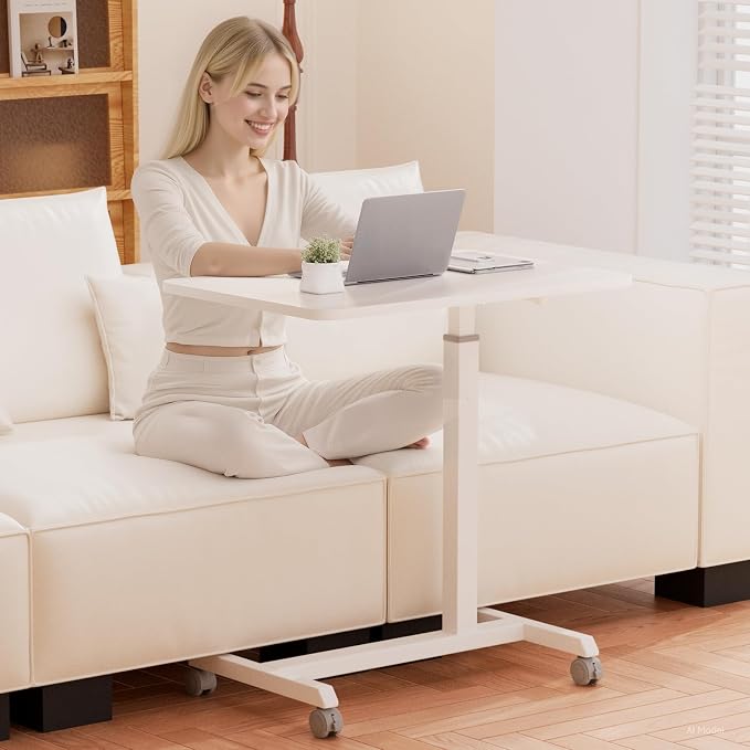 GTPLAYER Small Standing Desk, 24 Inches Foldable Mobile Rolling Laptop PC Table with Lockable Casters, Adjustable Height Overbed Bedside Table Computer Workstation for Home Office, White-Foldable - Image 2