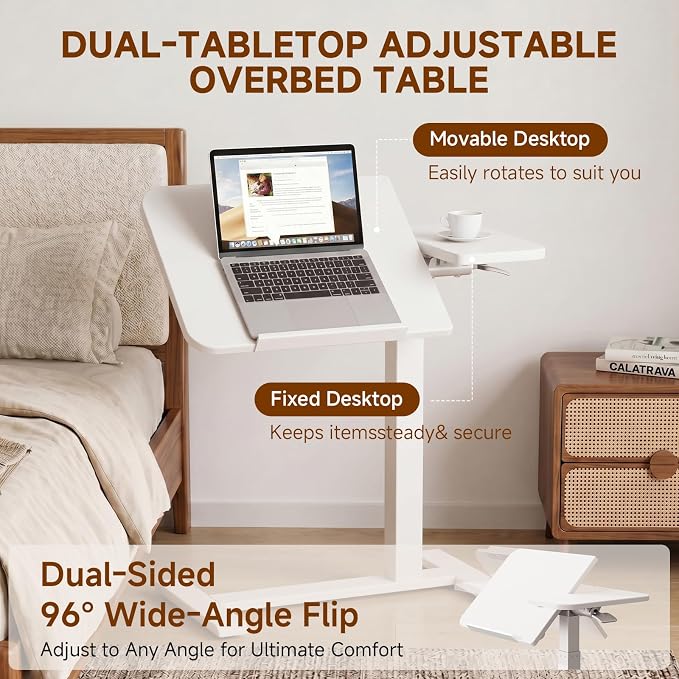 GTPLAYER Pneumatic Adjustable Standing Desk, 28 Inch Tiltable Mobile Rolling Laptop Table with Wheels, Overbed Bedside Table Computer Workstation for Home Office, White - Image 4