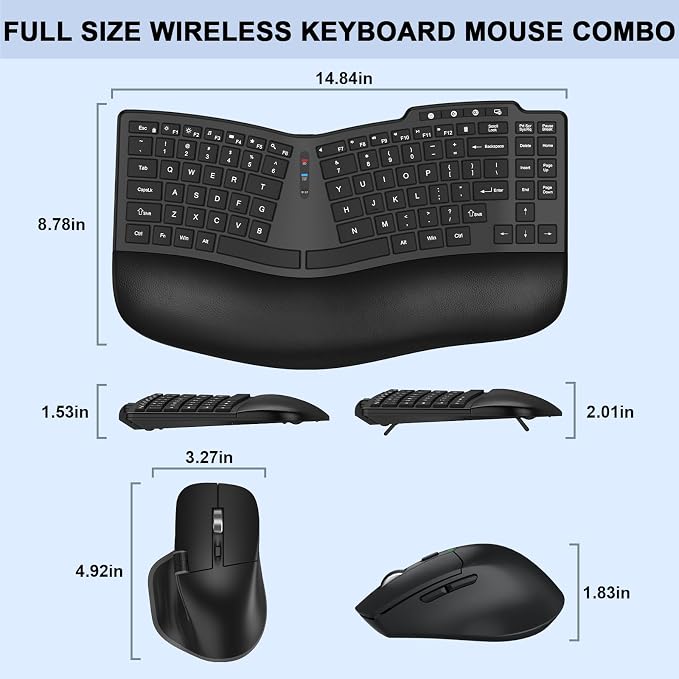 Ergonomic Wireless Keyboard Mouse, Wave Key Bluetooth/2.4G Split Design Ergo Keyboard Mouse Combo with Cushioned Palm Rest, Multi-Device, Rechargeable, for Multi-OS, Windows/Mac/Android - Image 8