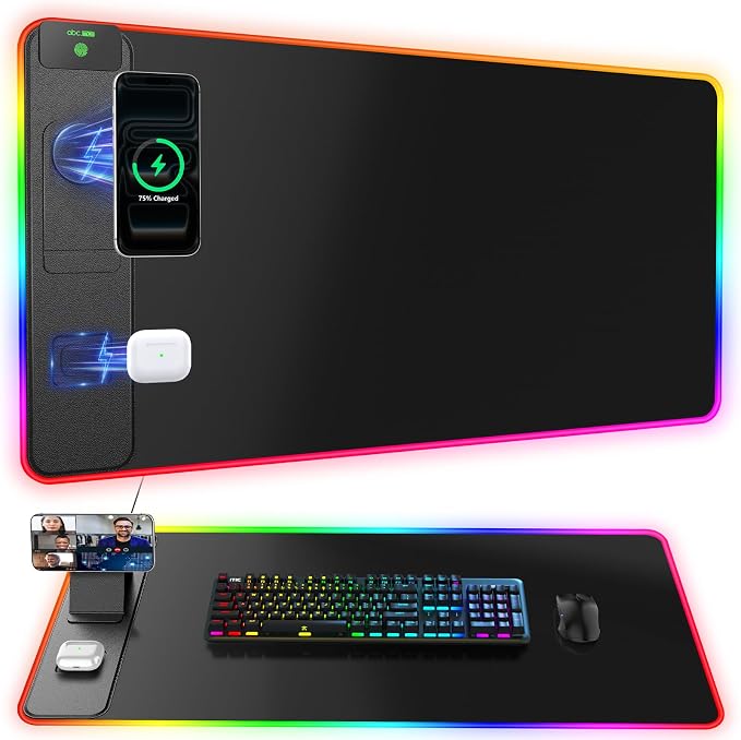 Wireless Charging Mouse Pad with Magnetic Phone Stand, 31.5"x15.8" Large | Gaming Mousepad RGB Desk Mat, Smooth Glide, Stitched Edge, Non-Slip Rubber Base, Waterproof Keyboard Mat, No Adatper by abcmat