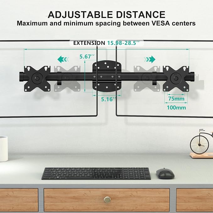 WALI Dual Monitor Wall Mount for 13-27 inch Screens, up to 22lbs | Wall Mount Monitor Arm, Horizontal Assembly, Full Motion with Tilt, Swivel, Rotation, VESA Mount 75/100mm (012ARM), Black - Image 3