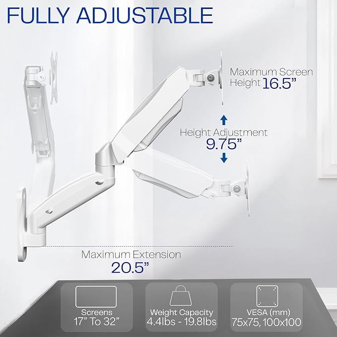 VIVO Single Monitor Counterbalance Wall Mount for 32 inch Screens up to 19.8 lbs, Full Motion, Max VESA 100x100, White, MOUNT-V001GW - Image 3