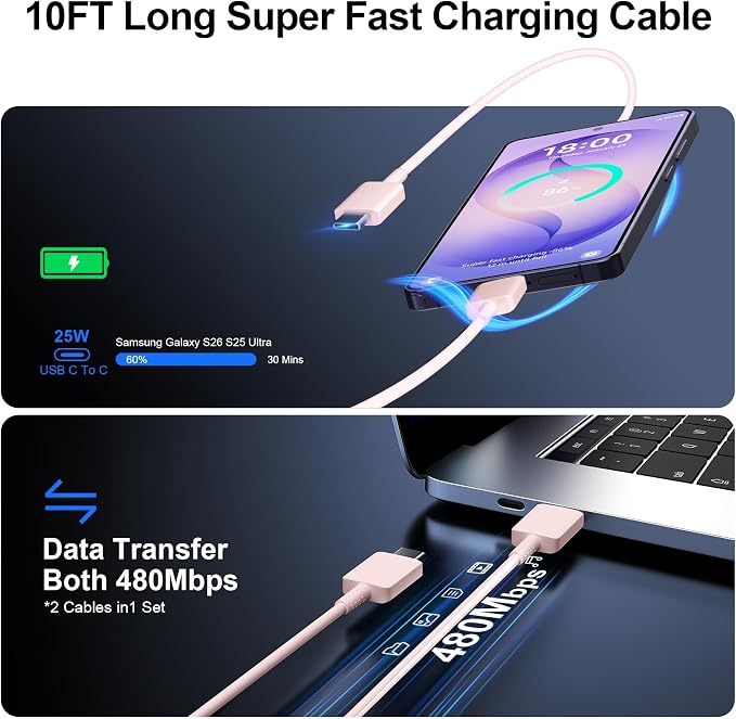 Super Fast Charger Type C, 25W USB C Wall Charger Fast Charging for Samsung Galaxy S26 Ultra/S26/S26+/S25 Ultra/S25/24 Ultra/S24/S23 Ultra/S22 Ultra with 10FT Long Android Type C Charger Cable 2Pack - Image 5