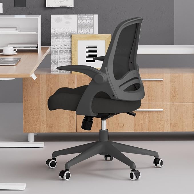 Hbada Office Desk Chair with Flip-Up Armrests and Saddle Cushion, Ergonomic Office Chair with S-Shaped Backrest, Swivel, Mesh, Black - Image 10