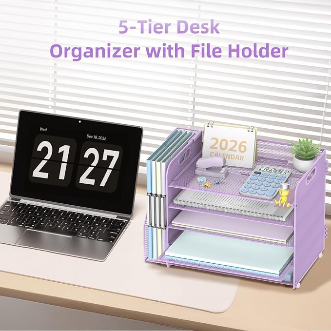 5-Tier Desk Organizer with File Holder, Paper Organizer for Desk, Purple | 5 Letter Trays and Vertical File Holder with Metal Mesh Frame for Papers Folders Books and Mail in Office Home or School - Image 6