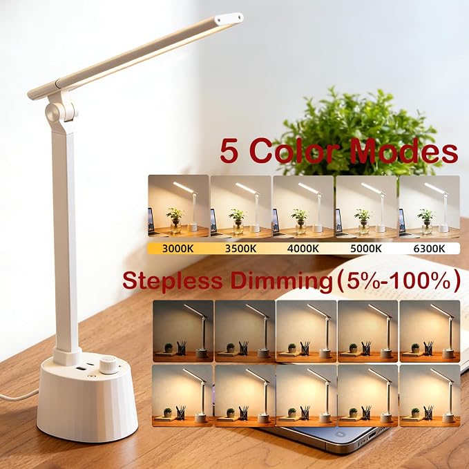BOHON Small Desk Lamp with USB C Charging Port 5 Colors Stepless Dim White | Reading Light Space-Saving Rotating Head Desk Lamp for Home Office College Dorm Room Bedside Table Bedroom - Image 2