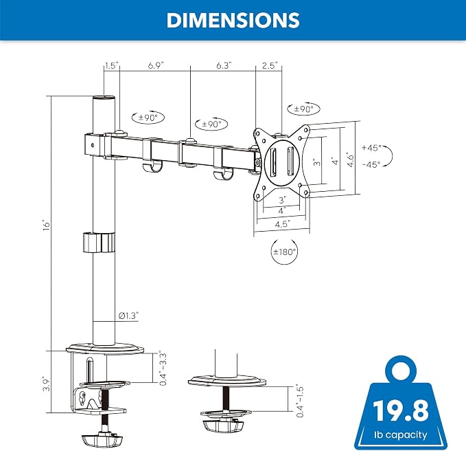 Mount-It! Single Monitor Arm Desk Mount, 17-32", White | Full motion with tilt, rotation, swivel & height adjustment along pole, clamp or grommet, VESA 75/100. - Image 7
