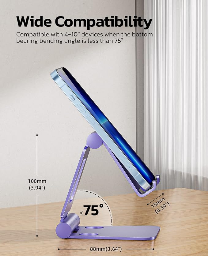 Nulaxy Full Aluminum Dual Folding Cell Phone Stand for Desk, Purple | Height Angle Adjustable, Portable, Anti-Slip Base, Fits 18mm Thick Case Smartphone, Nintendo Switch Desk Essential Accessory - Image 2