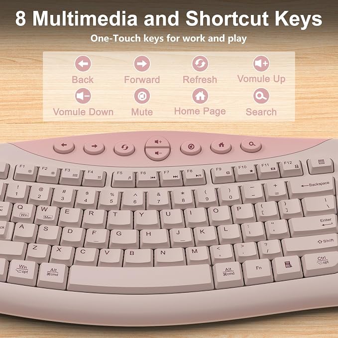 Wireless Keyboard and Mouse Combo, 2.4G Quiet Ergonomic Curved Keys(Pink) - Image 4