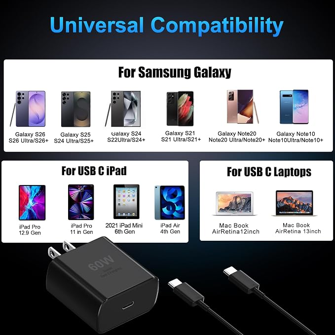 60W Super Fast Charger USB C, Type C Charger Fast Charging Android Phone Charger Block with 10FT USB C Chargers Fast Charging Cable Cord for Samsung Galaxy S26 Ultra/S26+/S26/S25Ultra/S25/S24-Black - Image 6