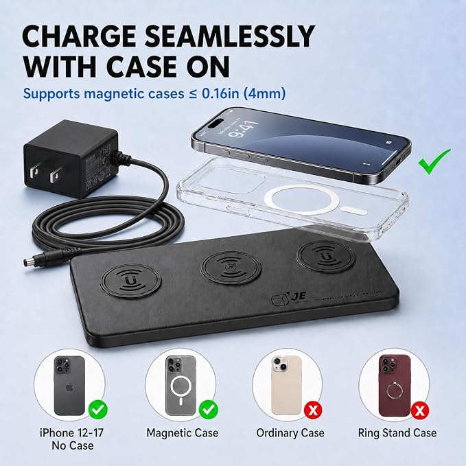 3 in 1 Magnetic Wireless Charger Pad for iPhone 17/16/15/14/13/12 Series, Fast Wireless Charging Station for AirPods 4/3/2 Pro, Raised Charging Pods Design, Magnetic Charging Mat with 24W Adapter - Image 5