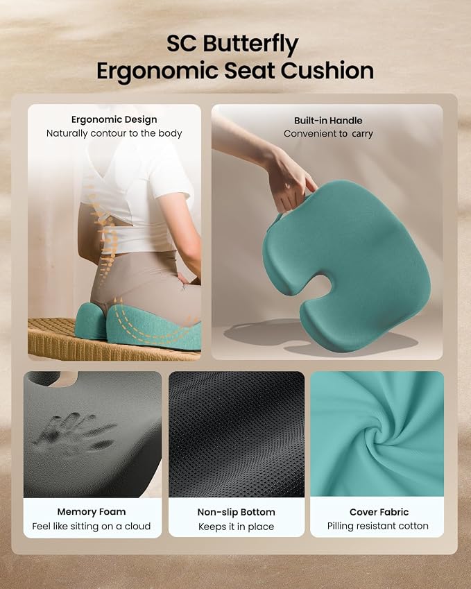 ProtoArc Seat Cushion, Office Chair Cushion for Sciatica, Mint Green | Coccyx Cushion, Ergonomic Memory Foam Seat Cushion for Car, Home, Pressure Relief Pad for Hip, Tailbone, All Day Comfort - Image 8