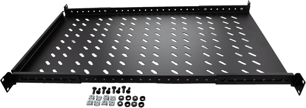 NavePoint Vented 4-Post Shelf, Adjustable, Black, 750 mm Depth, 1U, 242 lbs, Cold Rolled Steel - Image 2
