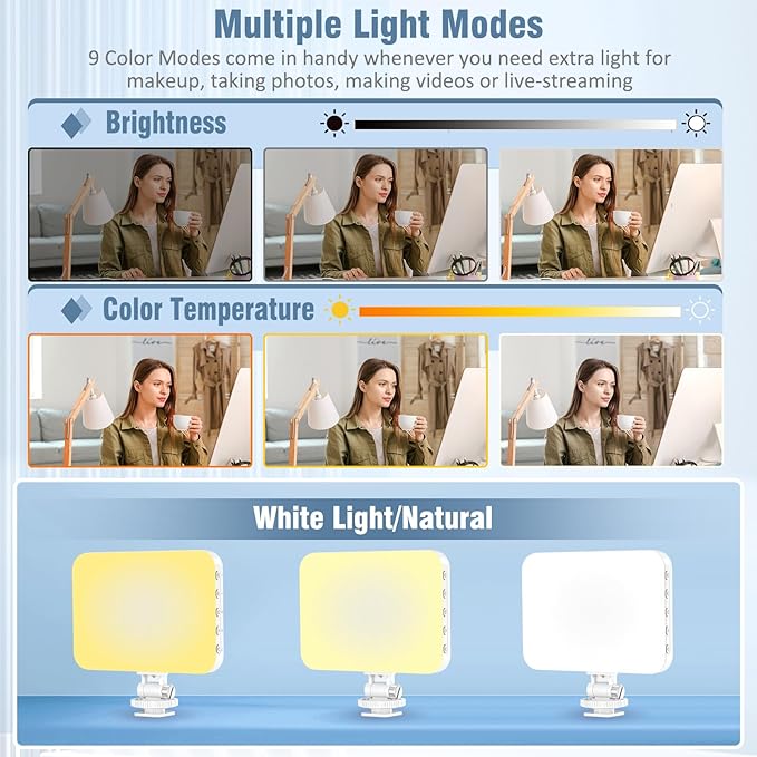 60 LED Portable Selfie Light Video Conference Lighting with Clip & Camera Tripod Adapter Rechargeable 2200mAh CRI 97+, 9 Light Modes for Phone iPhone Webcam Laptop Photo Makeup - Image 3