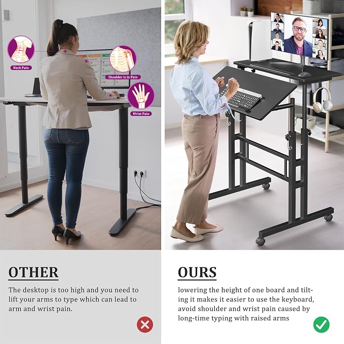 Enayplon Small Standing Desk with Wheels, Mobile Stand Up Desk, Portable Standing Table on Wheels for Walking Pad, Rolling Computer Desk Adjustable Height, Tall Table - Image 3
