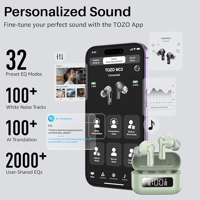 TOZO Hybrid Active Noise Cancelling in Ear Wireless Earbuds, 68H Playtime | 6 Mics AI Clear Calls, LED Display, 32 Preset EQs App, Bluetooth 5.3 Headphones, IPX8 Waterproof, Comfort Fit Ear Buds Green - Image 6