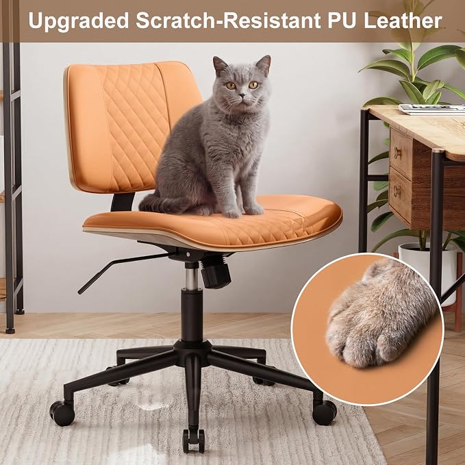 Modern Armless Office Chair with Wheels, Wide Seat Walnut, Brown | Adjustable Swivel Desk Chair with Mid Back & Tilt Function, Faux PU Leather Mid Century Modern Task Office Chair, 300LBS Cap - Image 3