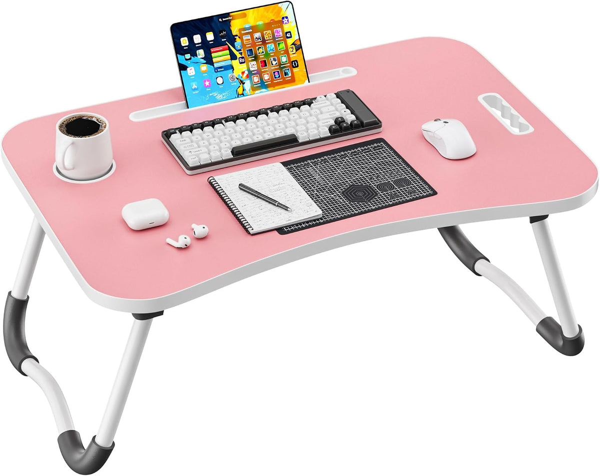 Folding Lap Desk, 23.6 Inch Wood Laptop Bed Desk with Cup Holder, Portable Bed Table for Working Writing Reading & Eating for Bed, Sofa, Couch, Floor - Pink by Frpufi
