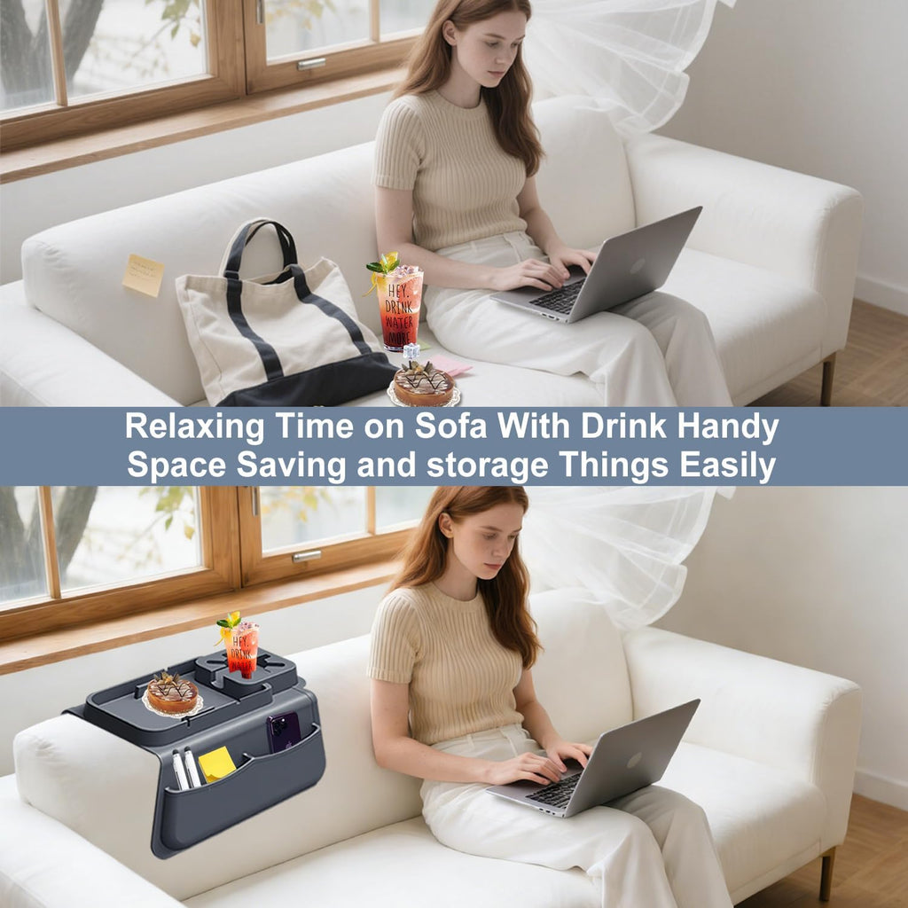 Silicone Couch Cup Holder Tray with Tablet & Phone Stand, Anti-Slip Sofa Arm Organizer with Dual Side Pockets for Remotes, Snacks, Headphones, Glasses, Drinks (Gray) - Image 7