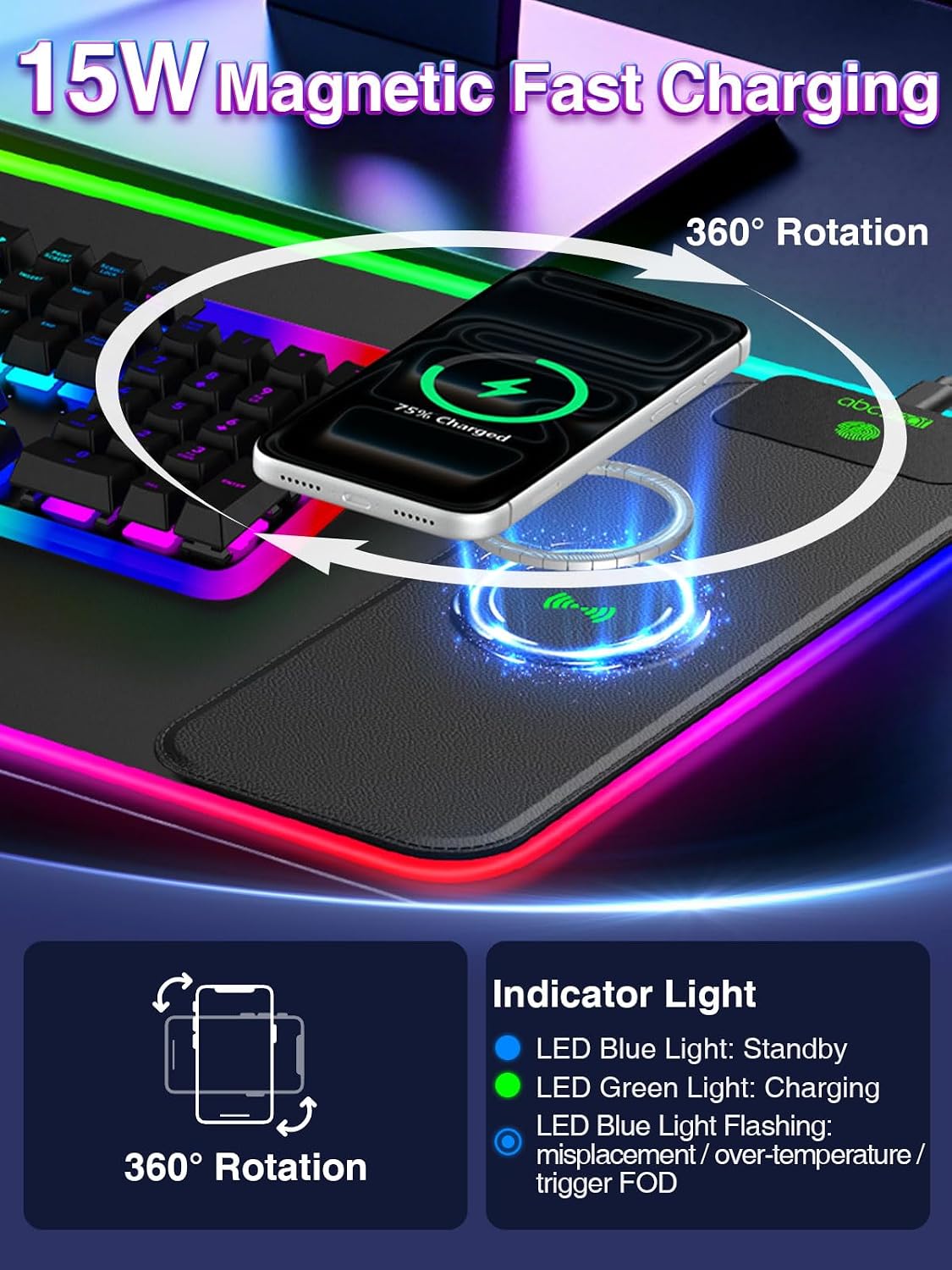 XL RGB LED Gaming Mouse Pad with 15W Magnetic Wireless Charging - Image 2