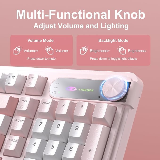 MageGee GK960 Wireless Keyboard, 98 Keys Tri-Mode BT/2.4G/Wired Membrane Gaming Keyboard, RGB Creamy Keyboard with Number Pad, Knob Control, 4000mAh Battery - Sakura Pink - Image 4