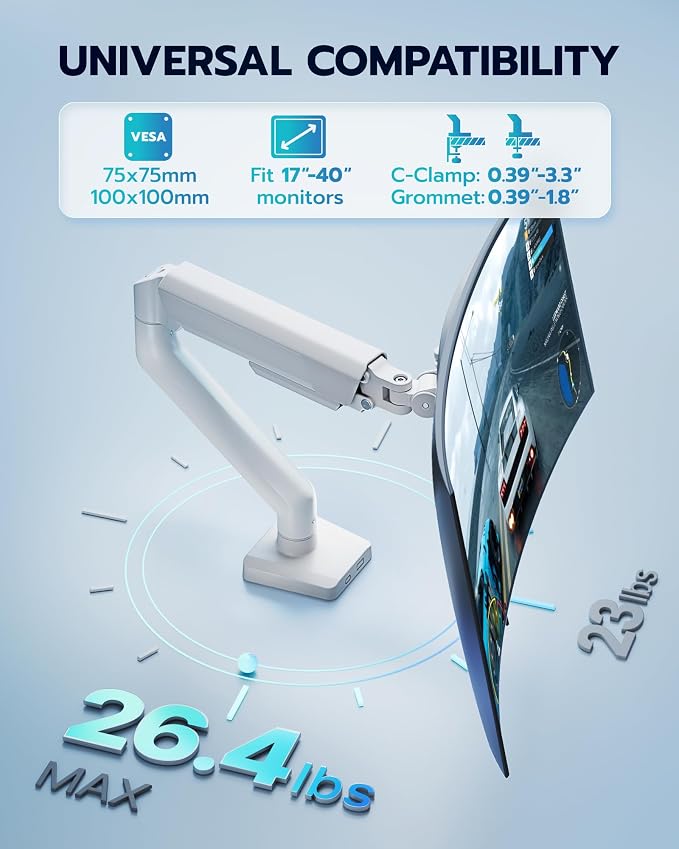 ARES WING 17-40 Inch Heavy Duty Monitor Arm, White | Fully Adjustable Monitor Mount for Ultrawide Screens up to 26.4 lbs with Clamp/Grommet Desk Mount, 75/100 Vesa Mount - Image 9