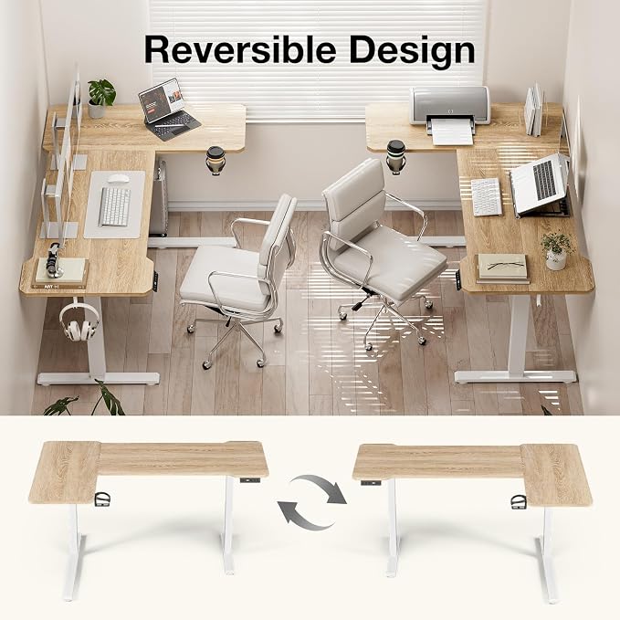 L Shaped Electric Standing Desk - 51x31.5 Inch Reversible Corner Sit Stand Desk with Hook&Cup Holder,Electric Height Adjustable Table,for Small Home Office&Bedroom Computer Desk, Oak - Image 5