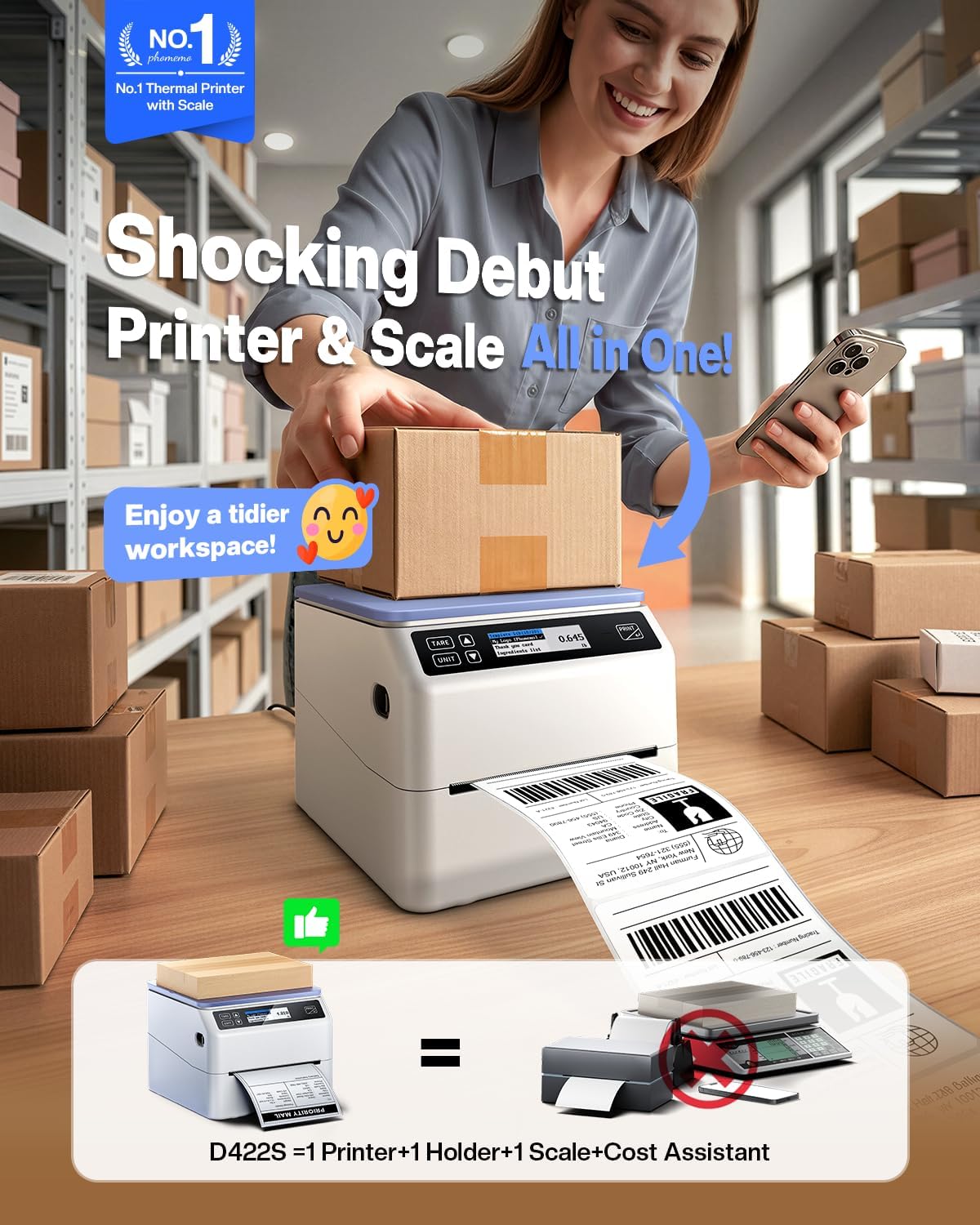 Phomemo D422S Shipping Label Printer with Scale & Packs of 250pcs 4x6 Thermal Labels - Image 2
