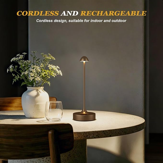 Kakanuo Rechargeable Cordless Table Lamp, Battery Operated Lamps, 3-Color Stepless Dimming, Portable Wireless Desk Lamp, LED Lighting for Dining Room, Restaurant, Office, Bar, Home(Brown 2 Pack) - Image 2
