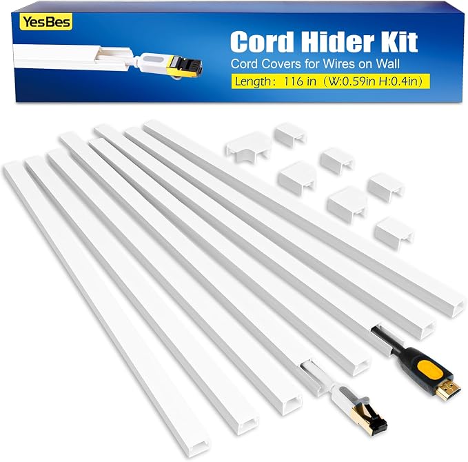 YesBes 116in Cord Hider Kit, Cord Covers for Wires on Wall, Cord Hider for Wall Mount tv, Paintable Cable Raceway, tv Cable Hider Wall kit, Wire Covers for Cords, W0.59in X H0.4in, White by YesBes