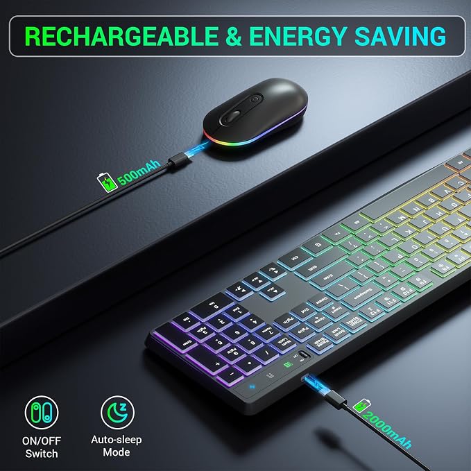 Wireless Keyboard and Mouse Combo, Lovaky 2.4G Full-Sized Ergonomic Keyboard Mouse, 3 DPI Adjustable Cordless USB Keyboard and Mouse, Quiet Click for Computer/Laptop/Windows/Mac (RGB Rainbow, 1 Pack) | Backlit, Low profile Keys, 3 DPI Adjustable, 2.4G ... - Image 4