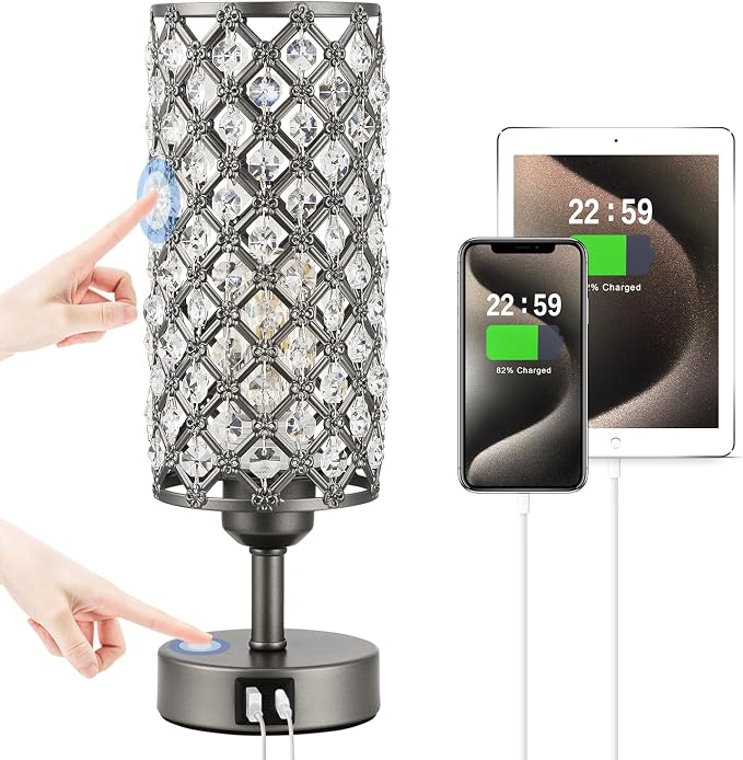Crystal Table Lamp, 3 Way Dimmable Touch Lamps for Night Stands, Gray | Gray Crystal Bedside Lamp, Nightstand Lamp for Bedroom by Hong-in