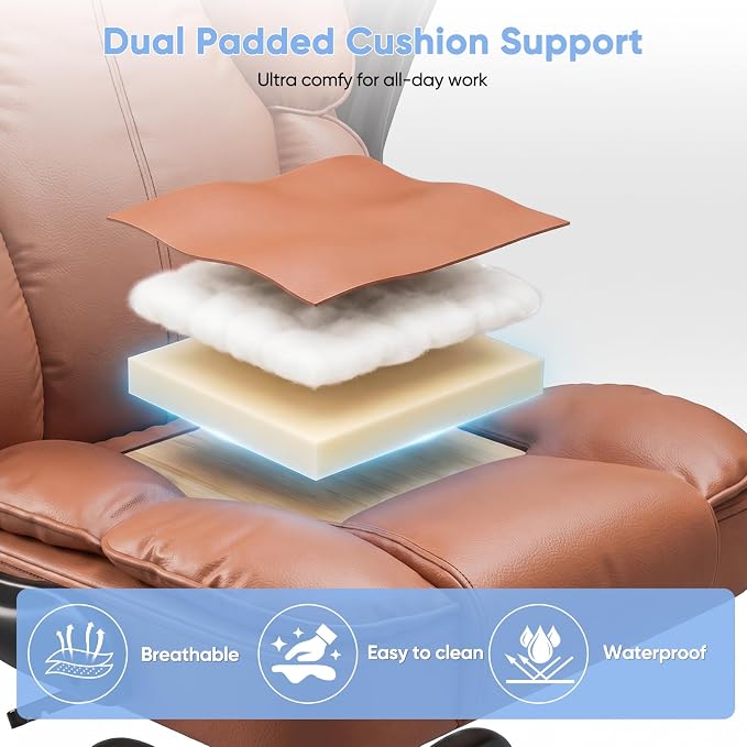 Kensaker Managerial Executive Chair with Adjustable Headrest | High Back Lumbar Support Computer Chair PU Leather Chairs Comfy with Double Padding & 135° Rocking for Home Office, Brown - Image 5
