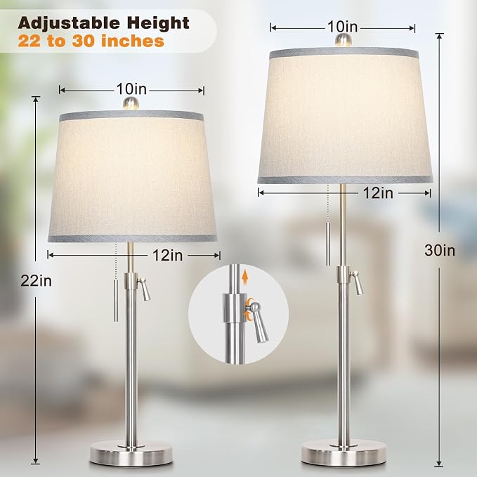 JUNNAI Table Lamps Set of 2, Bedside Lamp Silver Tall Table Lamps for Living Room End Tables, 22" to 30" Adjustable Height Lamp for Bedroom Nightstand Farmhouse with Pull Chain(Bulbs Included) - Image 3