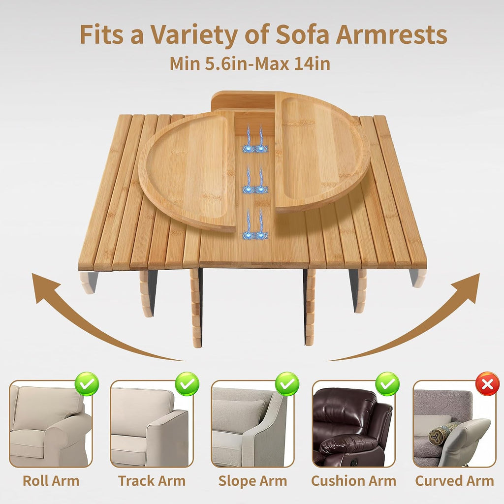 Couch Arm Tray, Bamboo Sofa Arm Tray,Foldable with 360° Rotating Phone Holder - Image 8
