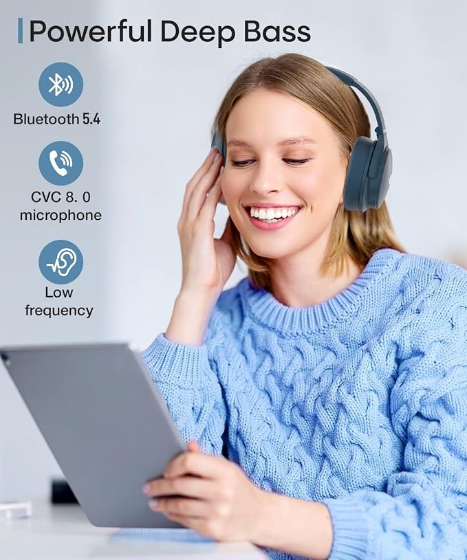INFURTURE Active Noise Cancelling Over Ear Bluetooth Headphone Deep Bass H1 | Comfortable, Hi-Fi Stereo, 90H Playtime, Low Latency, Foldable Lightweight for Travel, Office, Sport Running - Blue - Image 4