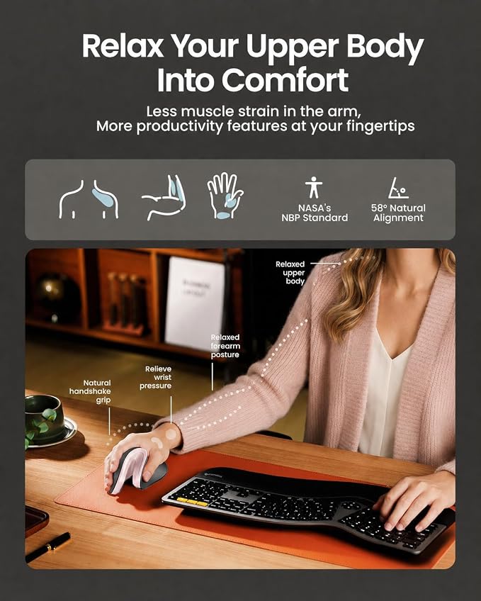 ProtoArc EM11 NL Wireless Ergonomic Mouse, Rechargeable, Black Pink | 58° vertical design supports a natural wrist posture, connect 3 devices via Bluetooth/2.4G USB-A, 500mAh USB-C rechargeable. - Image 4