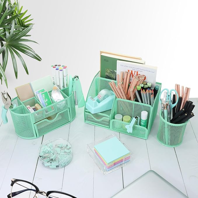 17 IN 1 Office Desk Organizer Set for Back to School Supplies Accessories | 3 Office Desk Storage Organization, 4 Pens, Stapler, Staples & Remover, Tape & Dispenser, Scissors, Ruler, Clips, Hole Punch - Image 6