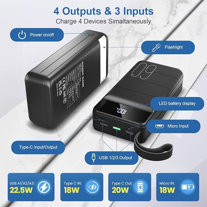 Portable Charger Power Bank 60000mAh Fast Charging 22.5W PD4.0 & QC 4.0 with USB C Battery Pack Charger Portable High Capacity Portable Phone Charger Power Bank for iPhone,Samsung,Travel (Black) | USB C 22.5W Fast Charging, PD4.0 & QC 4.0, High Capacit... - Image 5