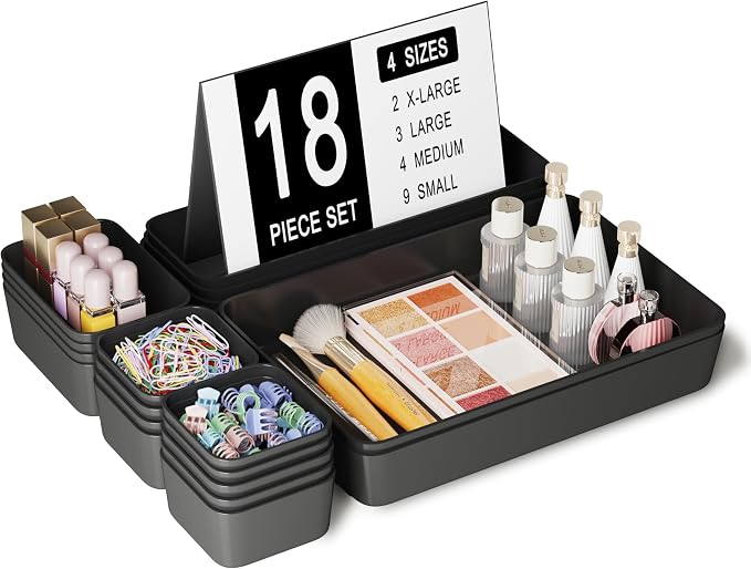 Drawer Organizers Bins 18 PCS for Bathroom Makeup Desk Office | with Non-slip Pads, 4 Sizes, Plastic Tray, Vanity Organizer, Kitchen Utensils Organizer by Homhut
