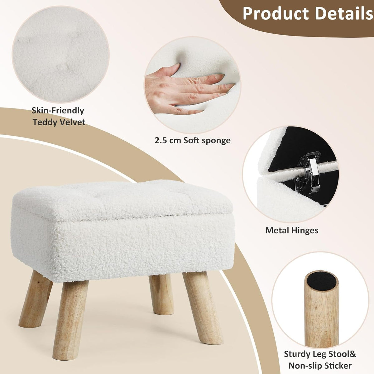 Storage Ottoman, Small Foot Stool Ottoman with Storage, Boucle Teddy Velvet Foot Rest with Padded Seat, Sturdy Wood Legs Stool for Living Room, Bedroom, Couch, Enterway (Cream) - Image 6