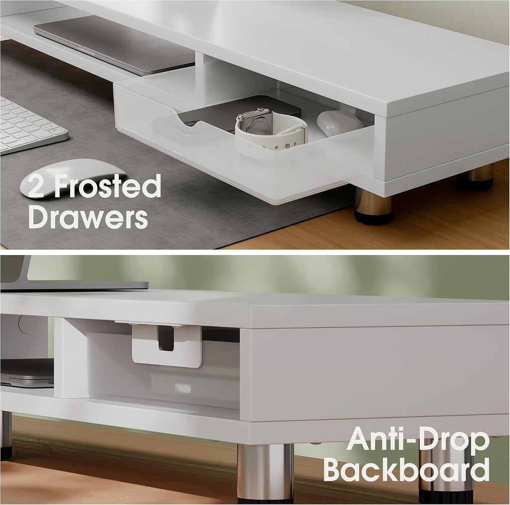 Fenge Dual Monitor Riser with 2 Drawers, 42.5in Long Desk Shelf, White - Image 5