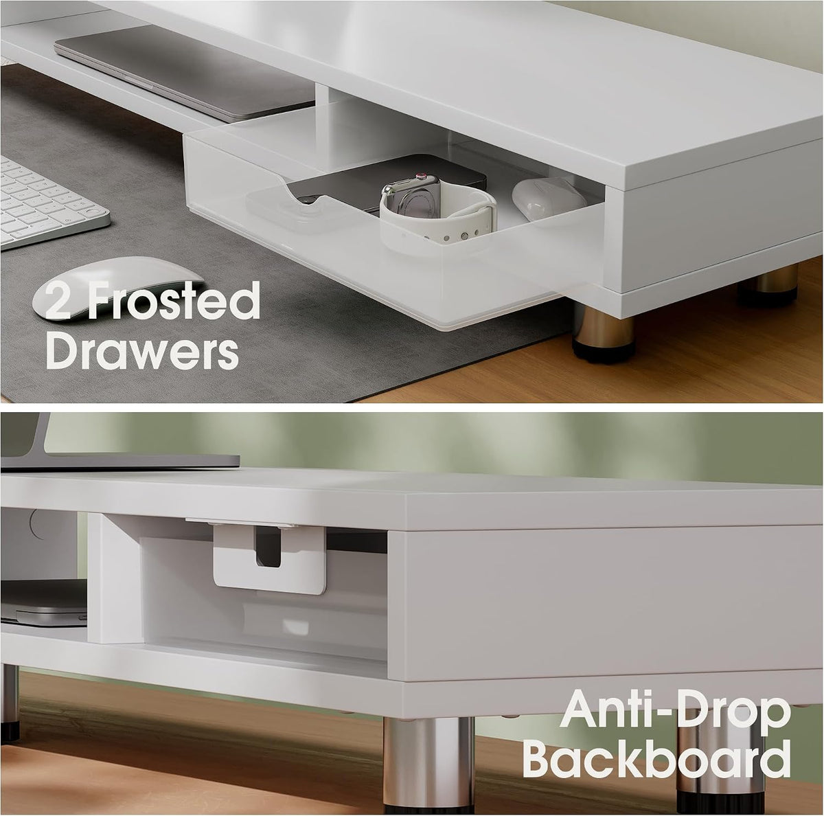 Fenge Dual Monitor Riser with 2 Drawers, 42.5in Long Desk Shelf, White - Image 5