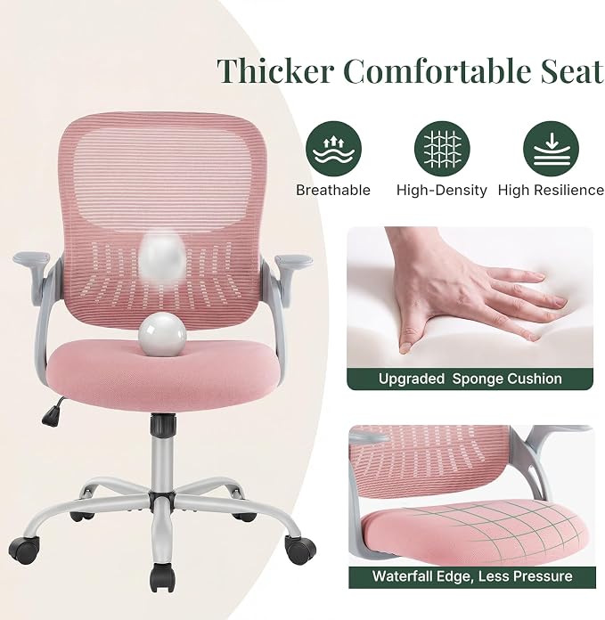 Home Office Desk Chair with Flip-up Armrest, Computer Chair | Lumbar Support, Height Adjustable, Mesh Mid-Back, Ergonomic Task Gaming Chair with 360° Swivel Wheels for Adults, Pink - Image 3