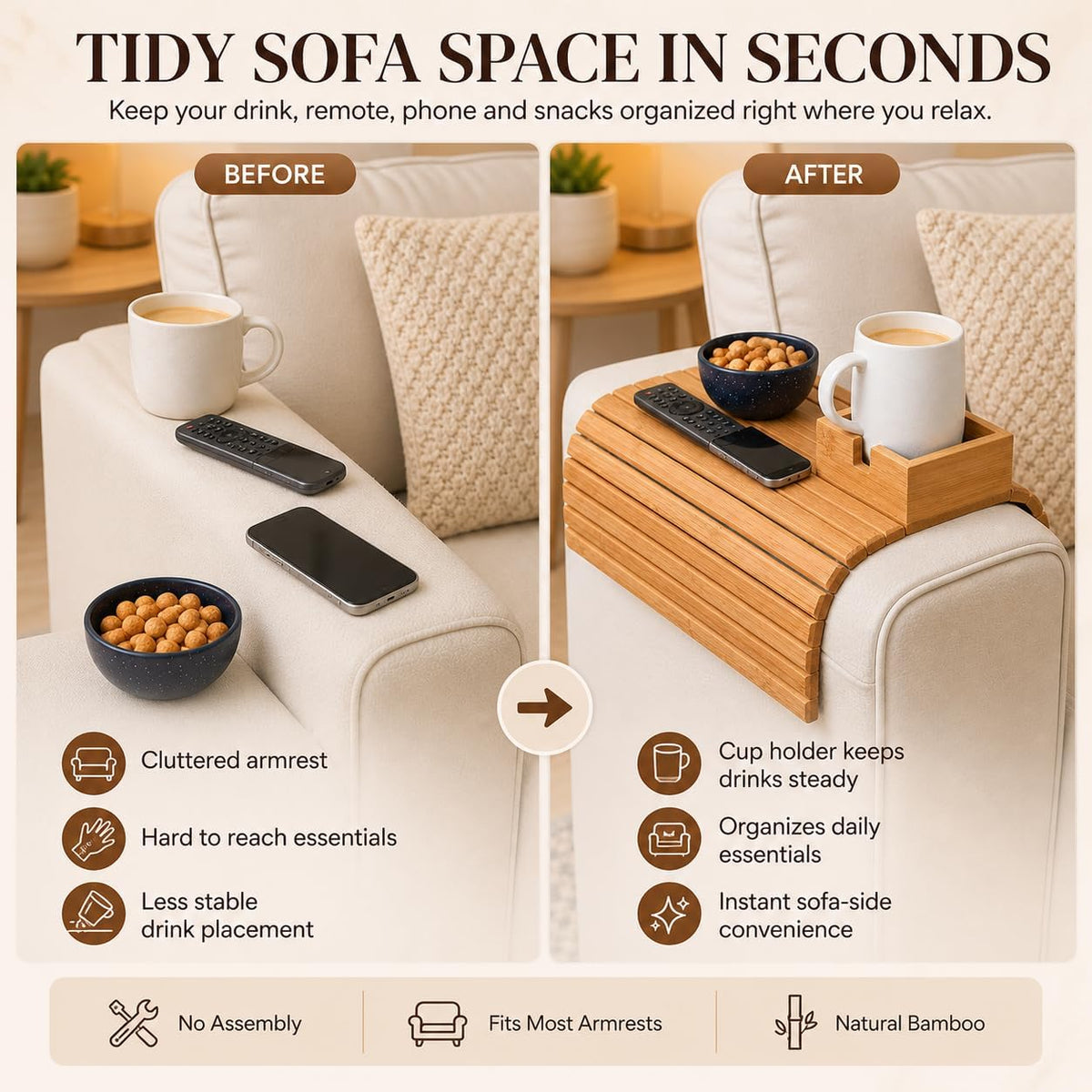 Sofa Arm Tray Table with Cup Holder, Bamboo Couch Armrest Organizer for Remote, Phone, Snacks, Foldable Non-Slip Couch Arm Table Fits Most Sofas, Couches and Recliners - Image 6